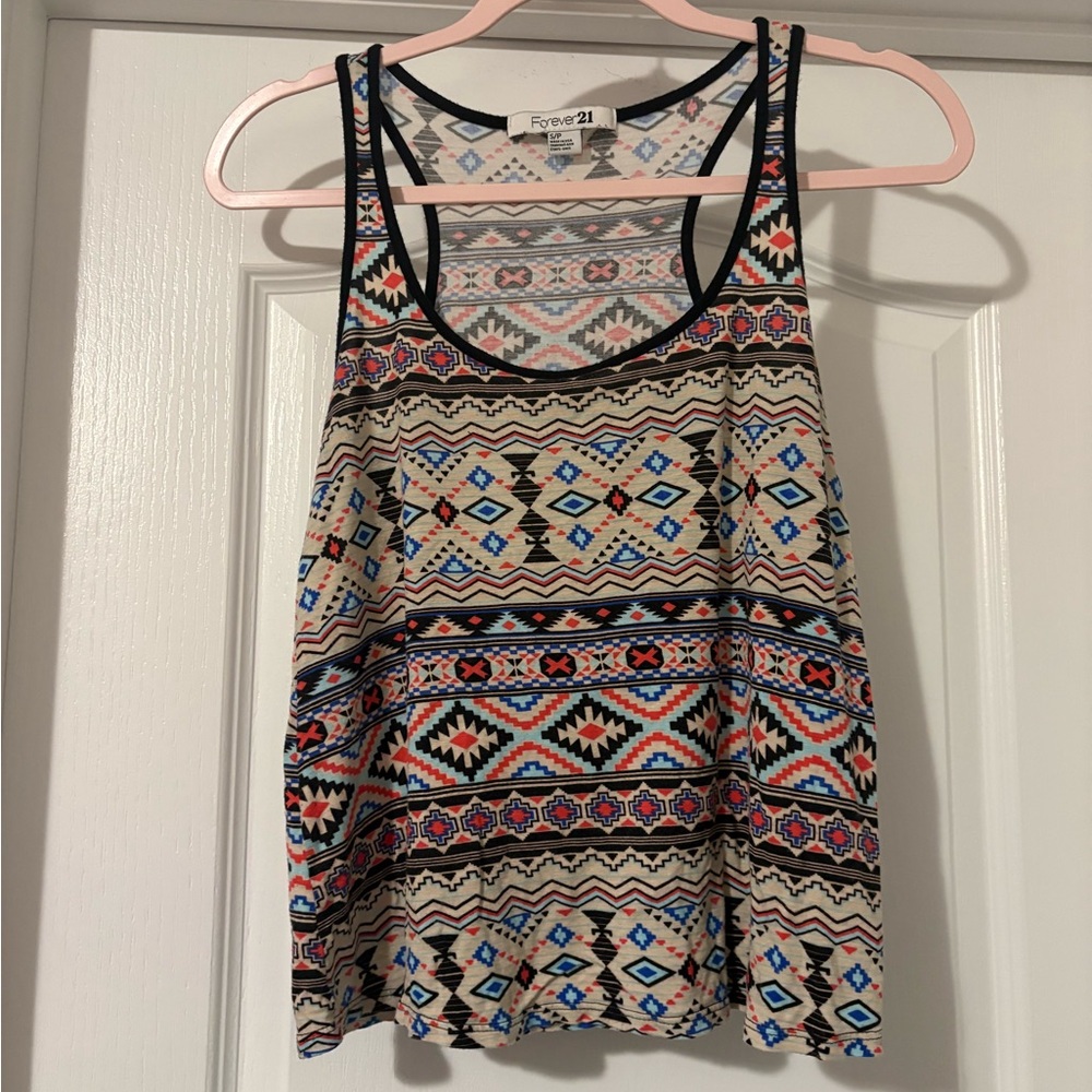 Forever 21 Geometric Tribal Print Tank Top - Cream, Black, Blue